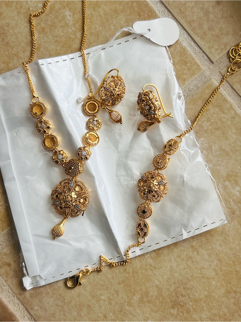 Gold Floral Necklace, Bracelet & Earrings Set